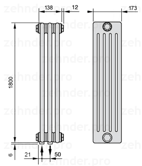 Схема (чертеж) Радиатор Zehnder Charleston 5180/3 №3370 Белый глянцевый RAL 9016